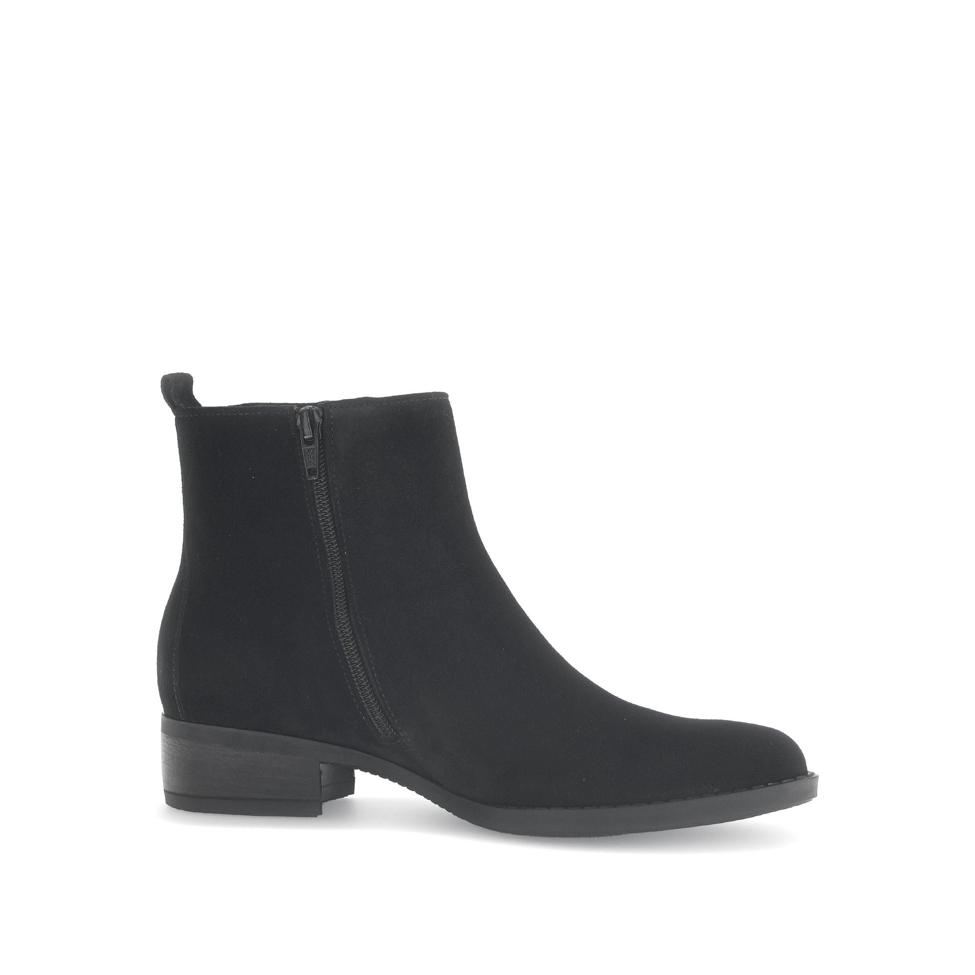 Gabor Gibside Ladies Black Suede Ankle Boots with Side Zip, low heel, stylish and comfortable footwear.