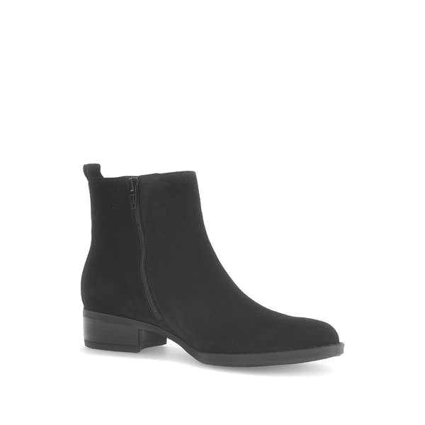 Gabor Gibside women's black suede ankle boots with side zipper, low heel, and stylish design.