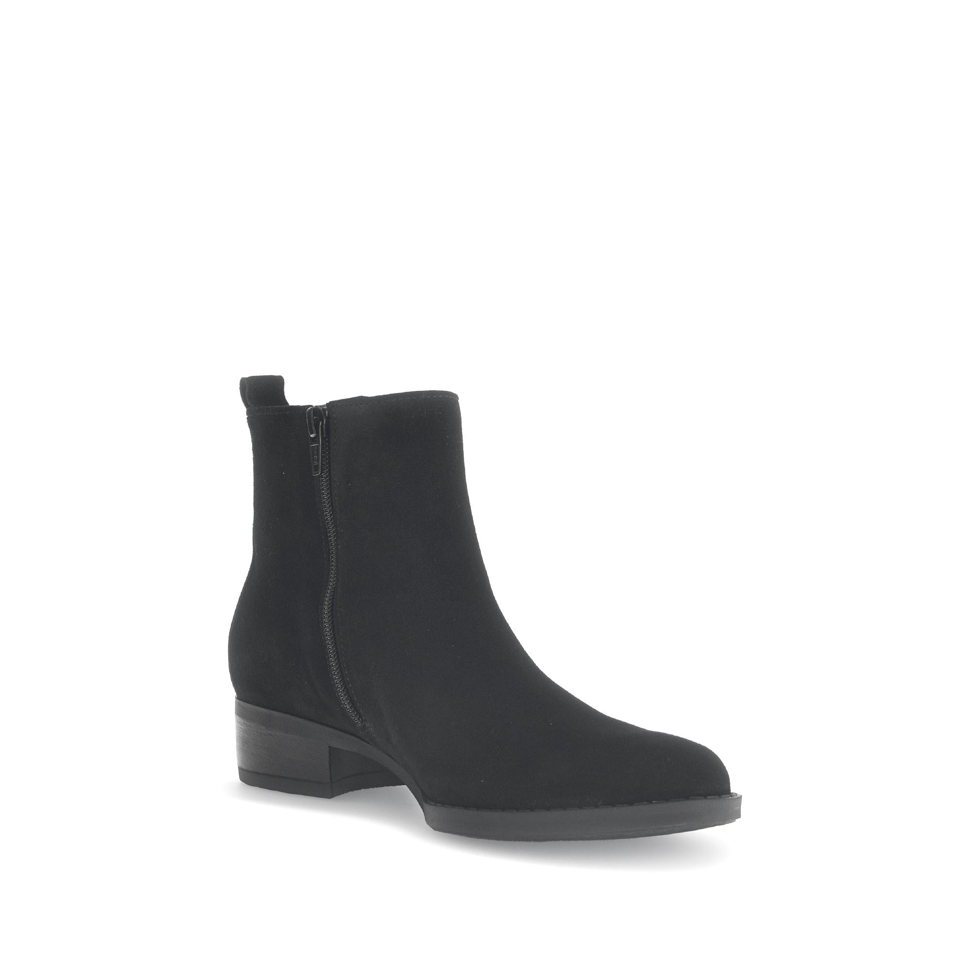 Gabor Gibside women's black suede ankle boots with side zipper and low block heel.