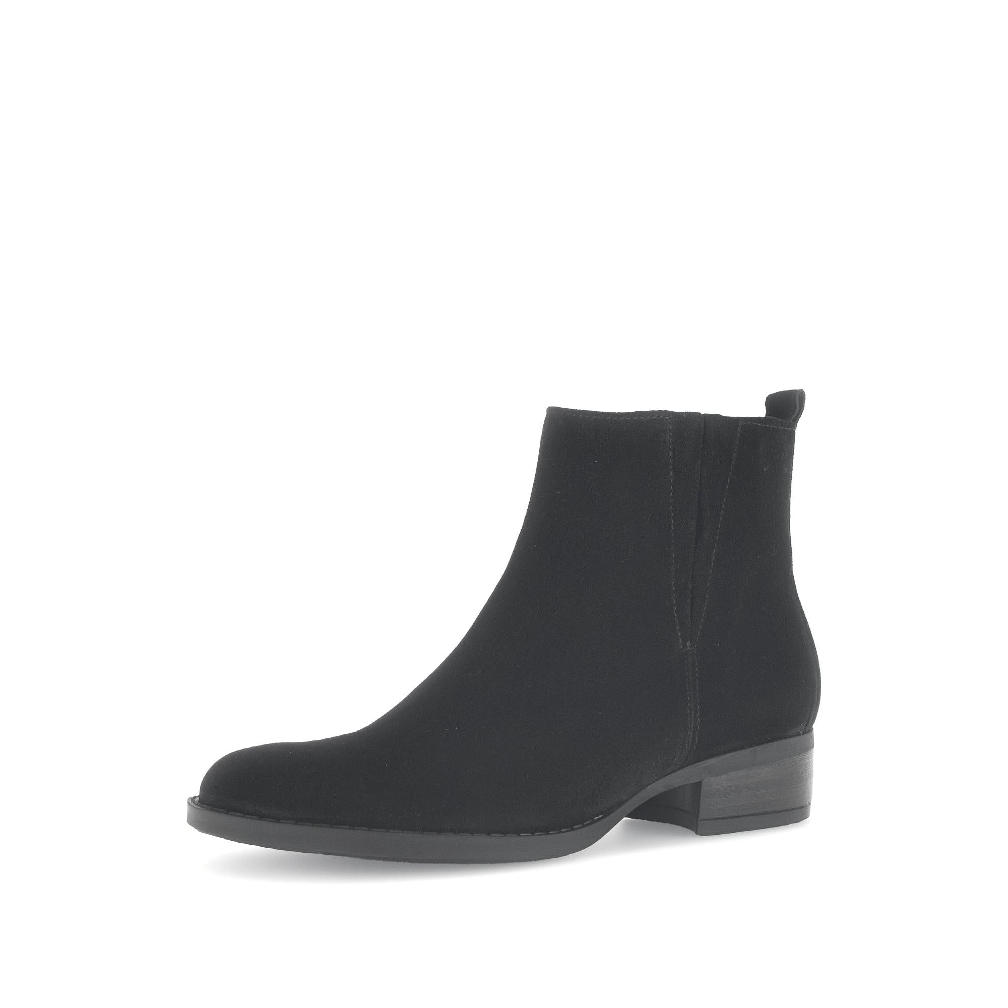 Gabor Gibside women's black suede ankle boots with side zip, low block heel, stylish and comfortable footwear.