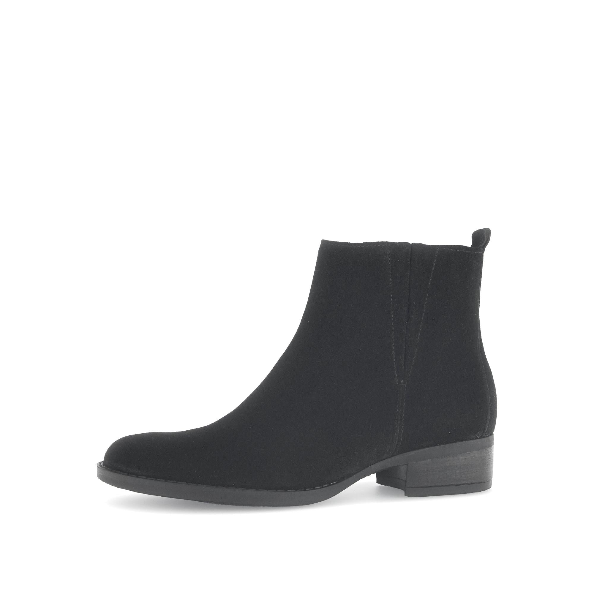 Gabor Gibside women's black suede ankle boots with side zipper, low block heel, and pull-tab detail.