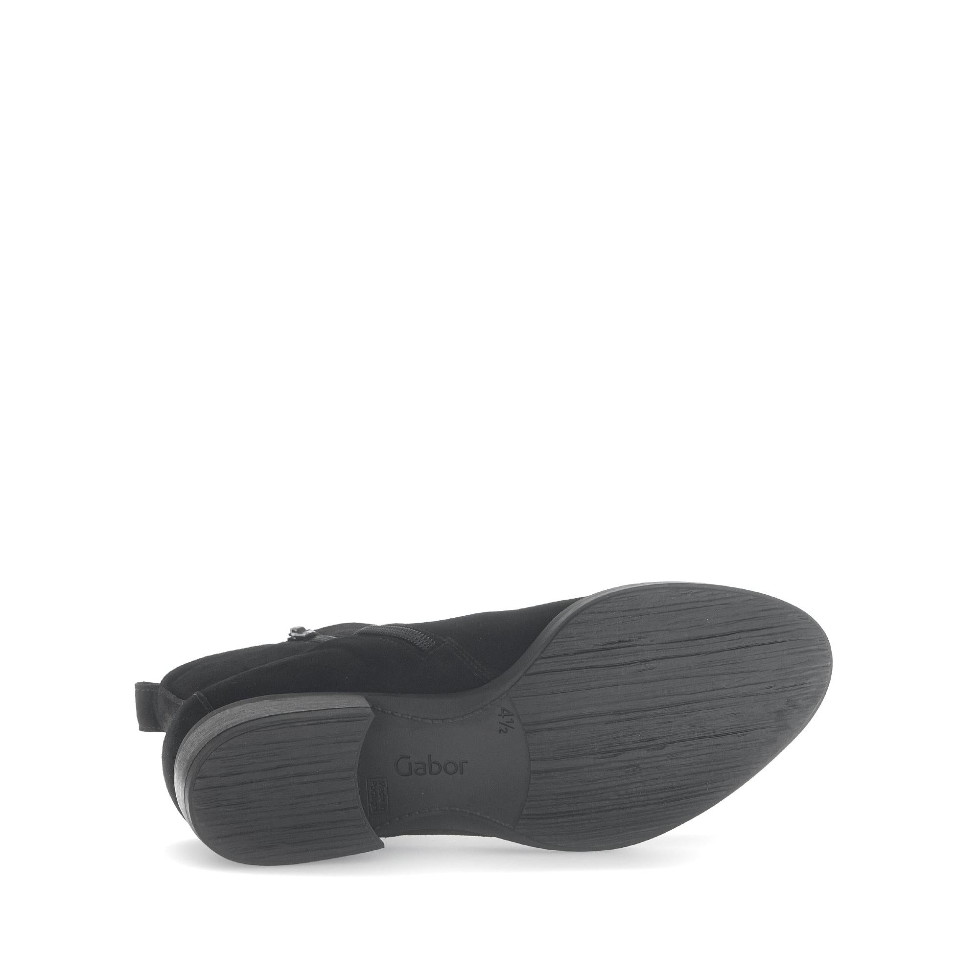 Gabor Gibside Ladies Black Suede Side Zip Ankle Boots with low heel and textured outsole.