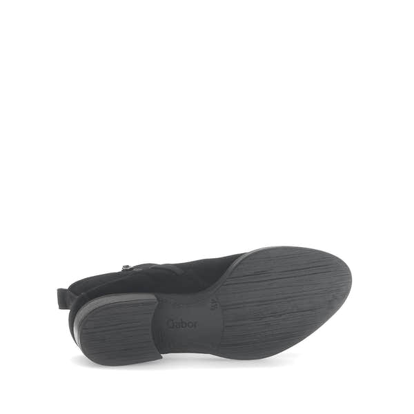Gabor Gibside Ladies Black Suede Side Zip Ankle Boots with low heel and textured outsole.