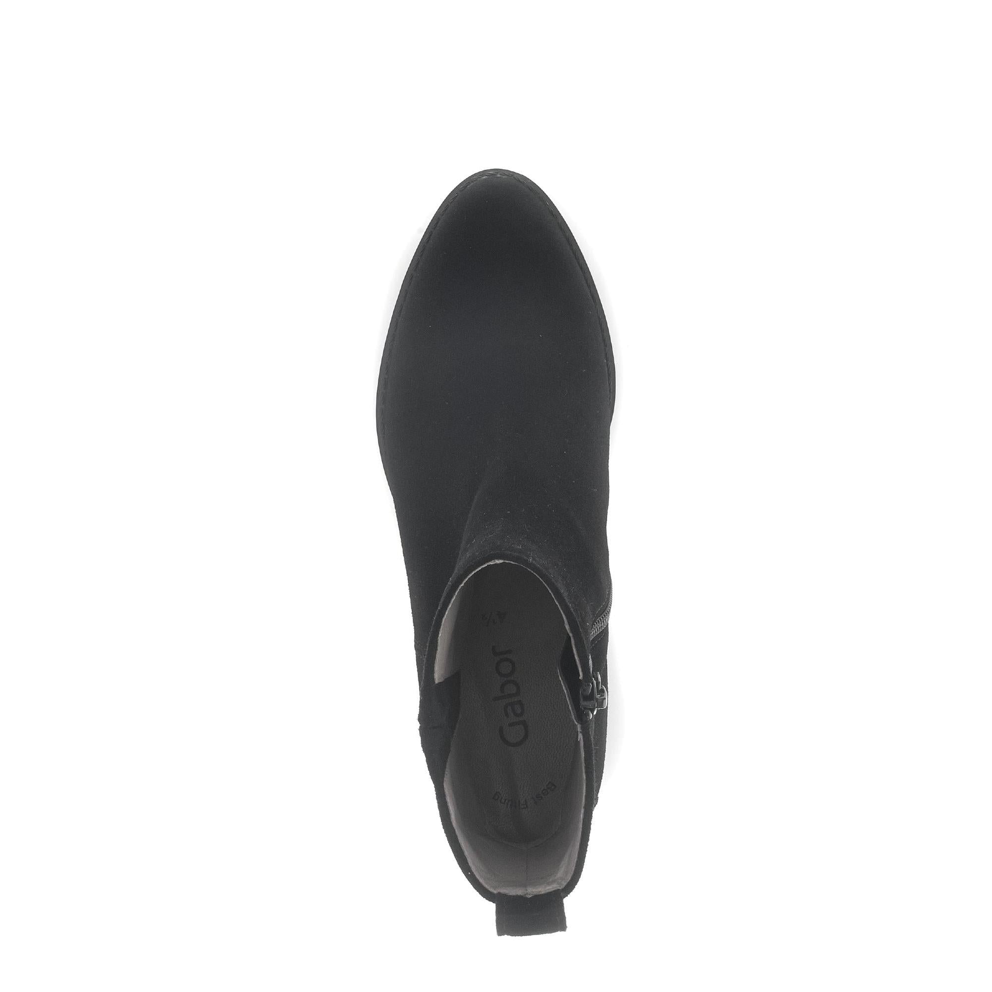 Gabor Gibside Ladies Black Suede Side Zip Ankle Boots, pointed toe, low heel, side zipper, stylish women's footwear.