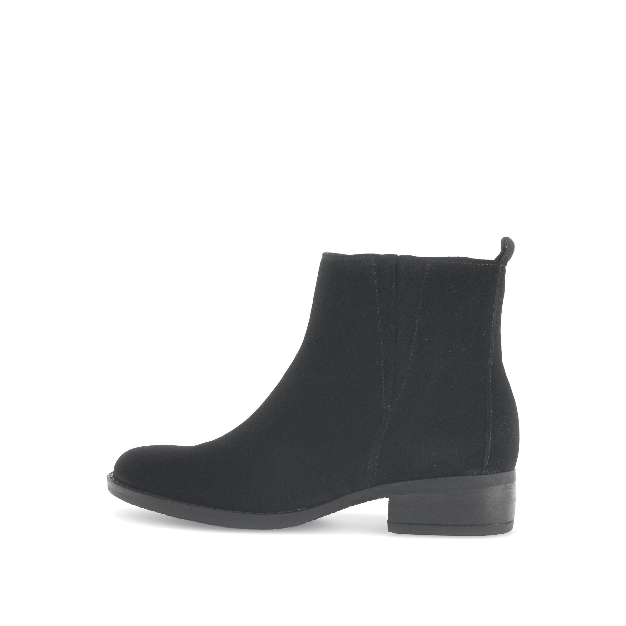 Gabor Gibside Ladies Black Suede Ankle Boots with Side Zip, low heel, stylish and elegant footwear.