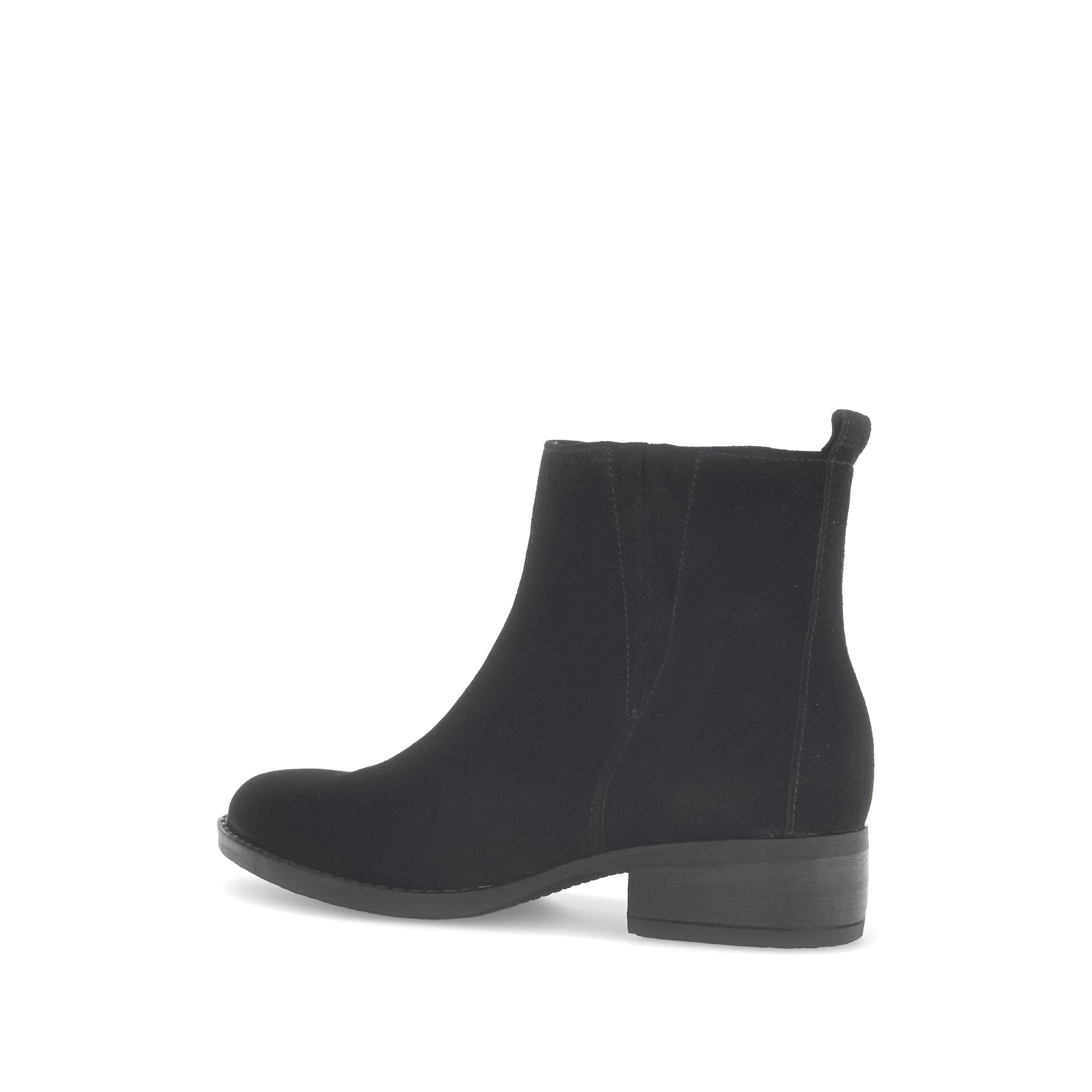 Gabor Gibside women's black suede ankle boots with side zip, low block heel, and rounded toe.