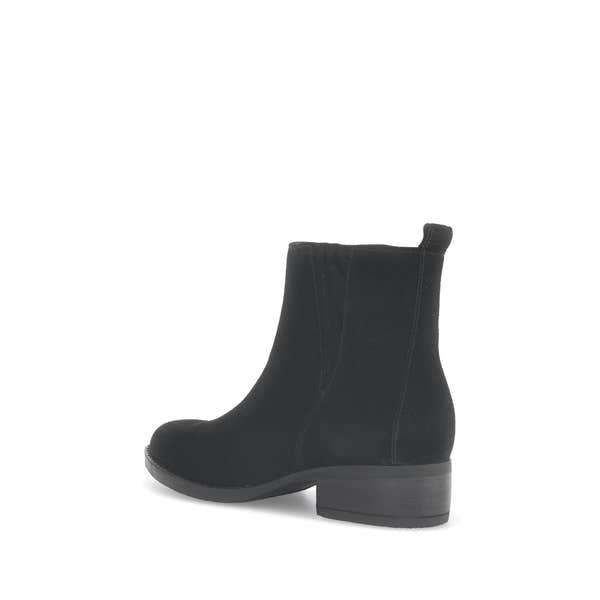 Gabor Gibside women's black suede ankle boots with side zipper and low chunky heel.