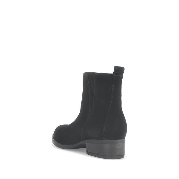 Gabor Gibside women's black suede ankle boots with side zipper, low heel, and rounded toe.