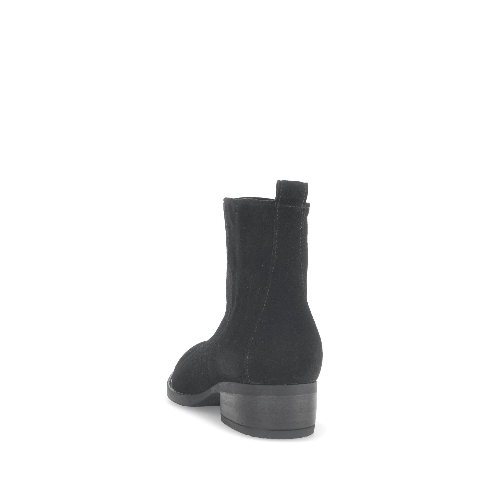 Gabor Gibside Ladies Black Suede Ankle Boots with Side Zip, Chunky Heel, and Chelsea Boot Style.