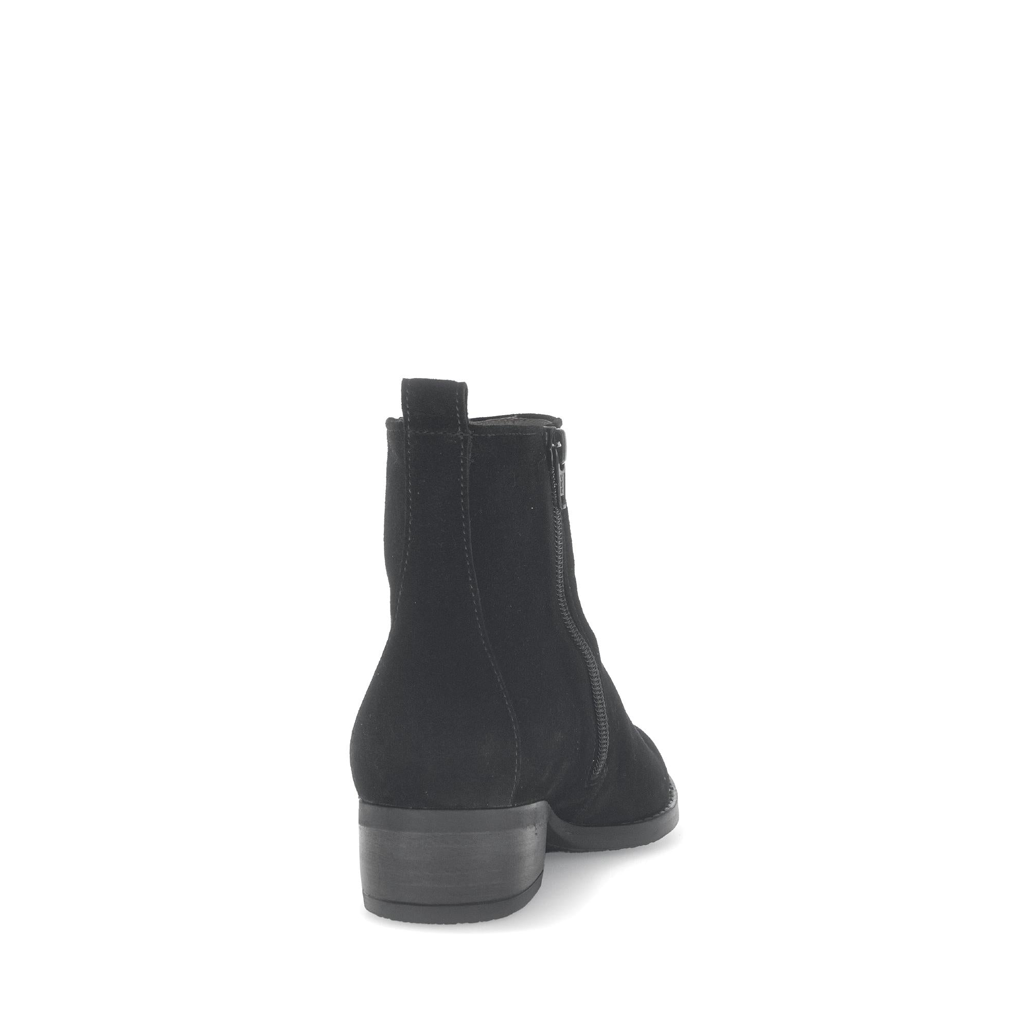Gabor Gibside women's black suede ankle boots with side zipper and low block heel.