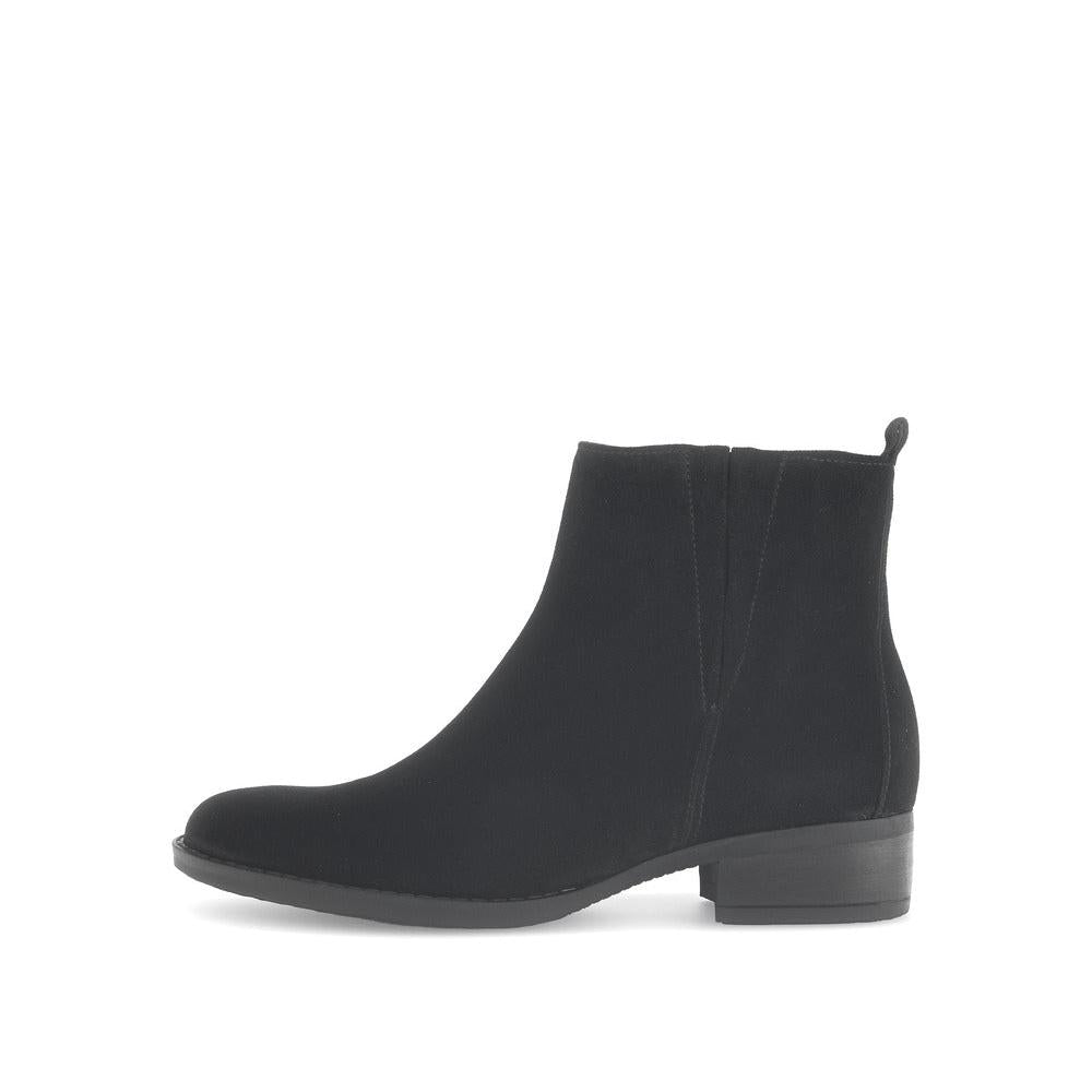 Gabor Gibside Ladies Black Suede Ankle Boots with Side Zip, low block heel, stylish and convenient for casual wear.
