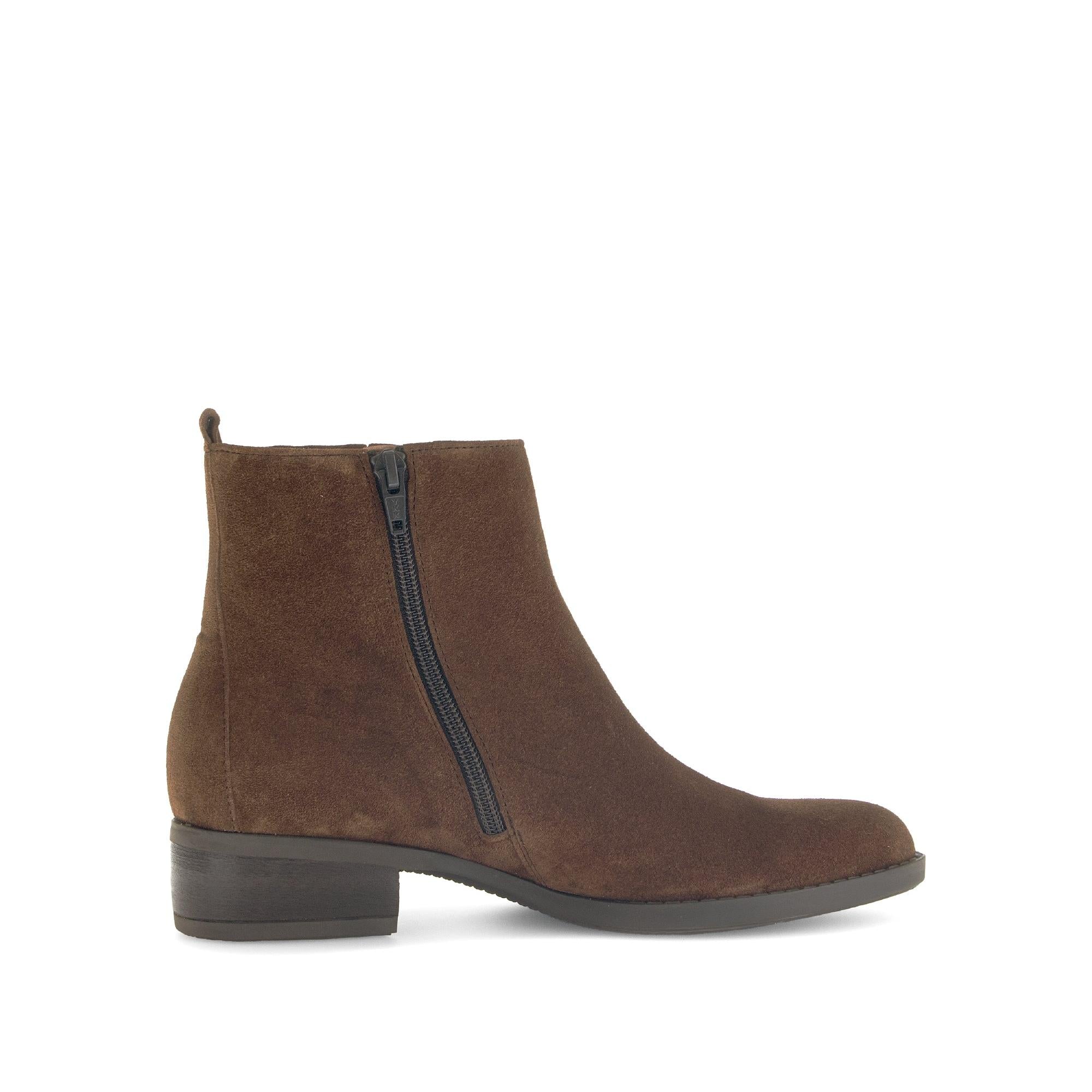 Gabor Gibside Ladies ankle boots in chestnut brown suede with side zipper, low block heel, and classic style.