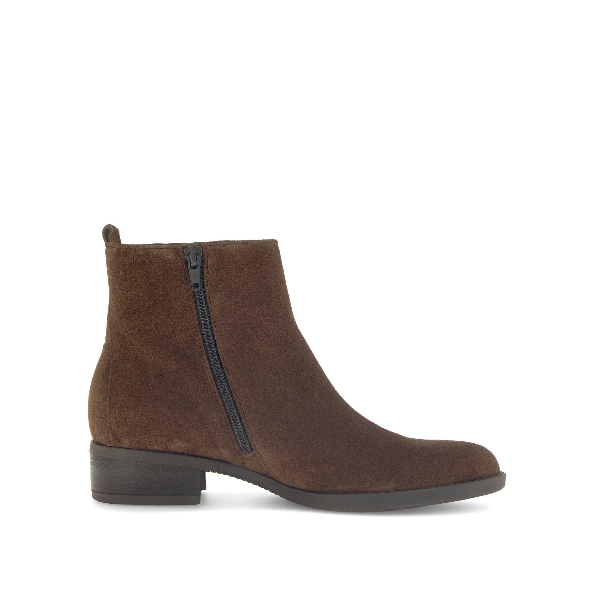Gabor Gibside Ladies Ankle Boots in Chestnut Brown Suede with Side Zip, low heel, stylish and comfortable footwear.