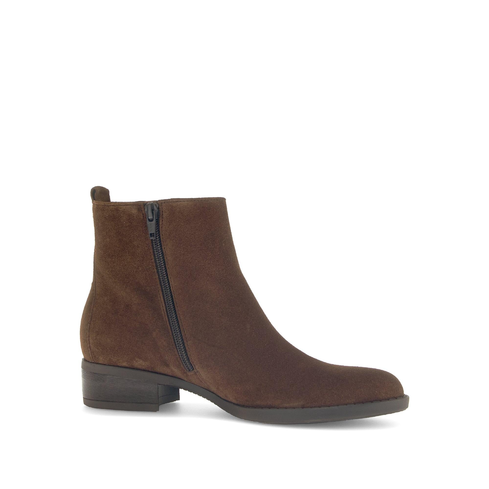 Gabor Gibside Ladies Ankle Boots in Chestnut Brown suede with side zip, low block heel, and stylish design.
