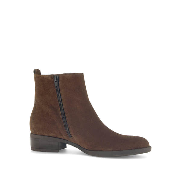 Gabor Gibside Ladies Ankle Boots in Chestnut Brown suede with side zip, low block heel, and stylish design.
