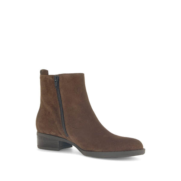 Gabor Gibside Ladies Ankle Boots in Chestnut Brown Suede with side zipper and low block heel.