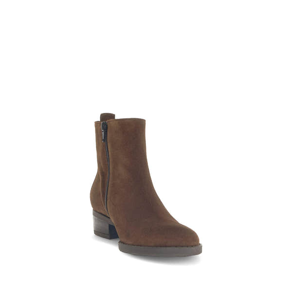 Gabor Gibside Ladies Whisky Brown Suede Ankle Boots with Side Zipper, low block heel, and round toe.