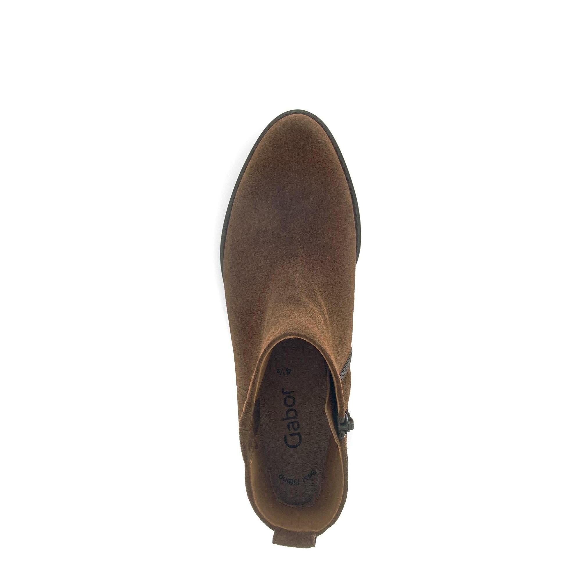 Gabor Gibside ladies ankle boots in chestnut brown suede with side zip and rounded toe.