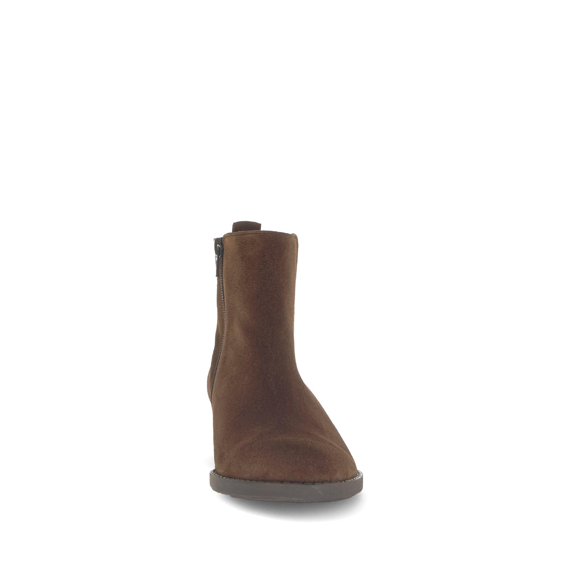 Gabor Gibside ladies ankle boot in chestnut brown suede with side zipper and flat sole.