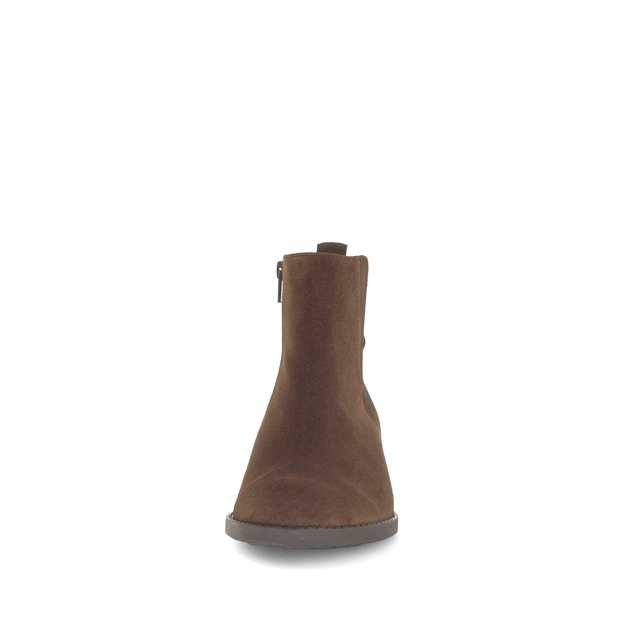 Gabor Gibside Ladies Zipper Ankle Boots in Chestnut Brown Suede, side zipper, slip-on style, flat sole.