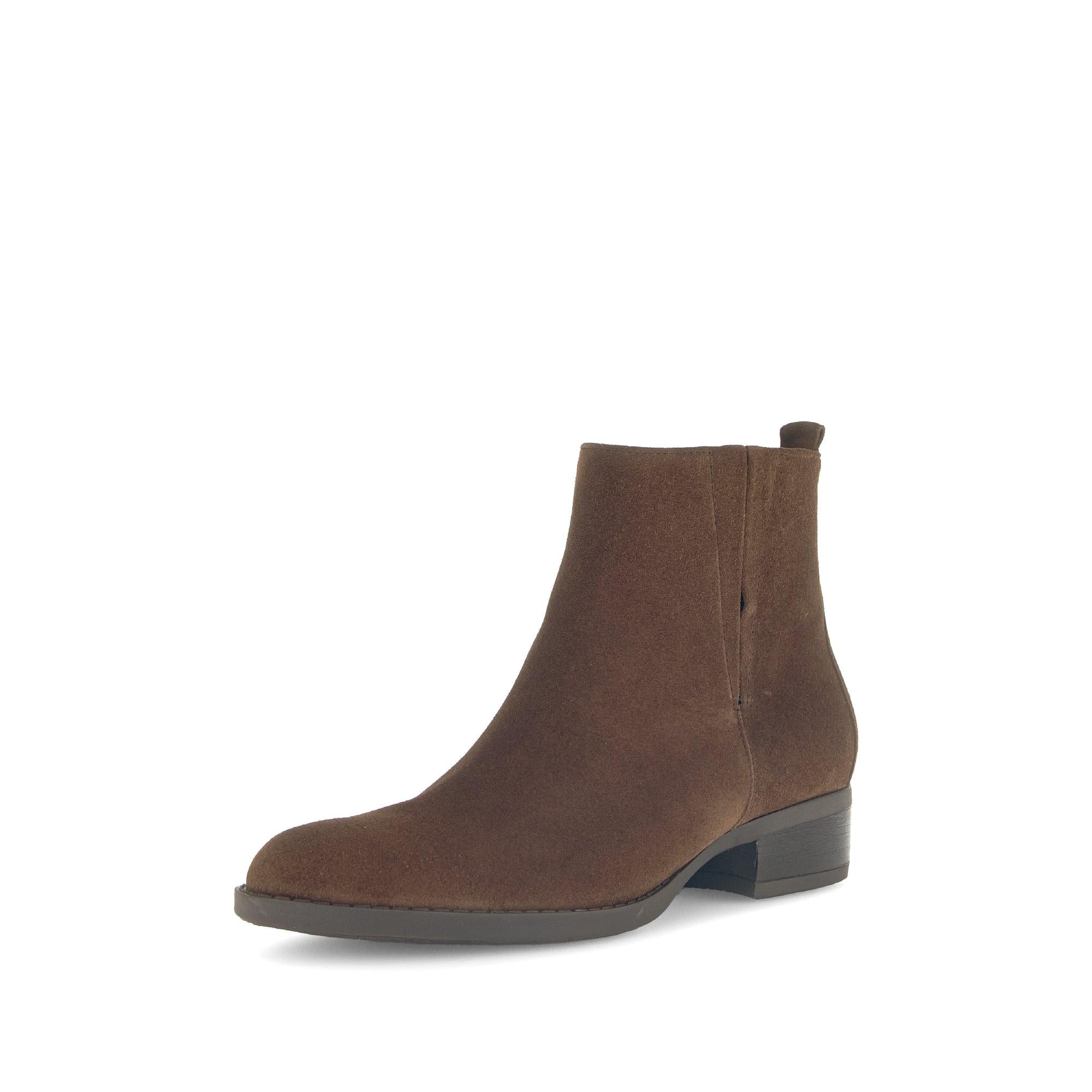 Gabor Gibside women's ankle boot in chestnut brown suede with side zip, low block heel, and pointed toe.
