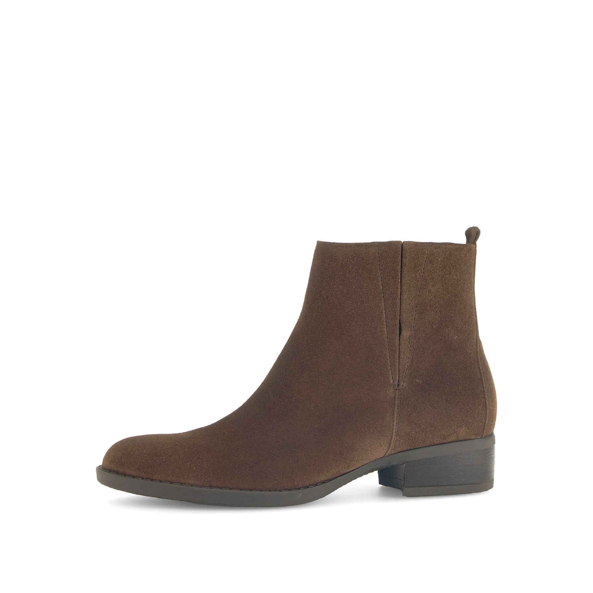 Gabor Gibside Ladies Ankle Boots in Chestnut Brown Suede with Side Zip, low heel, and stylish design.