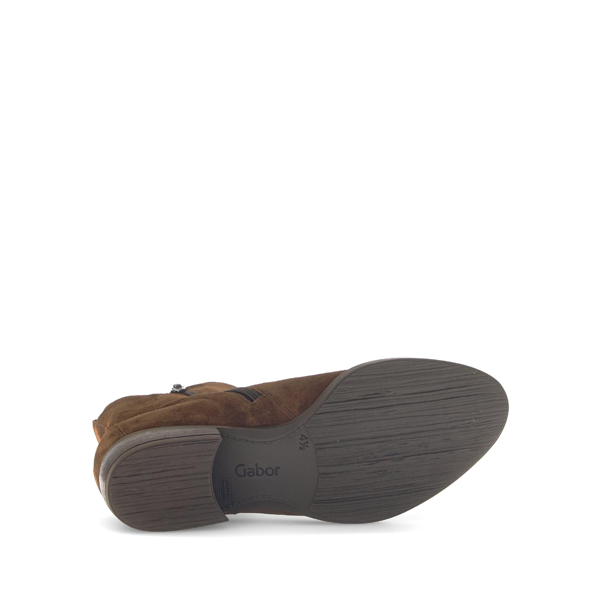 Gabor Gibside Ladies Whisky Brown Suede Ankle Boots with Side Zip, textured sole, and stylish design.