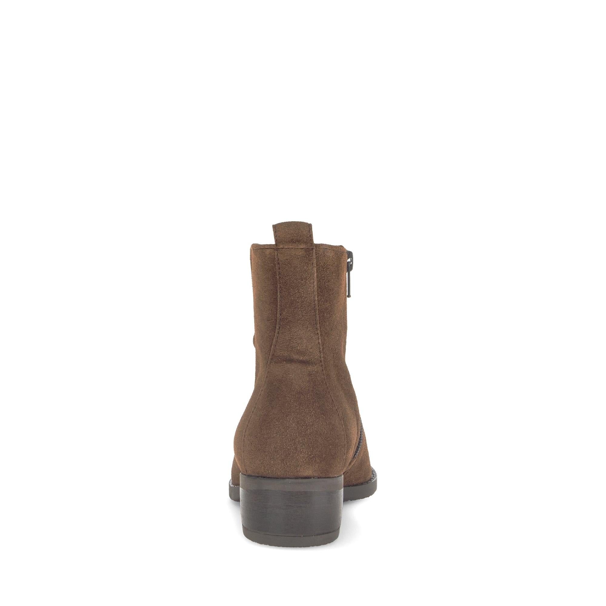 Gabor Gibside Ladies Ankle Boots in Chestnut Brown suede with side zipper and chunky heel.