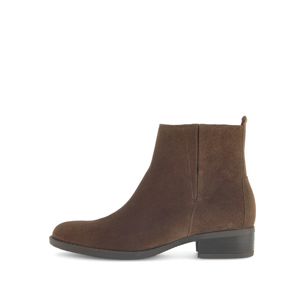 Gabor Ladies Whisky Chestnut Brown Suede Ankle Boots with Side Zip, Block Heel, and Classic Design.