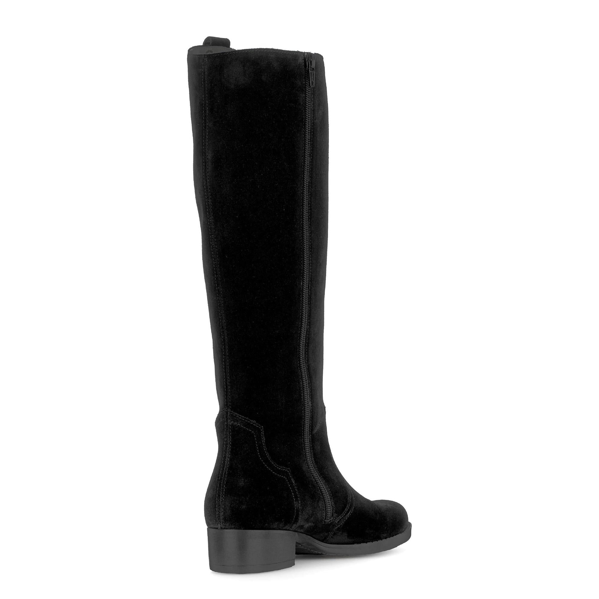 Gabor women's black suede knee-high boots with side zipper and low block heel.