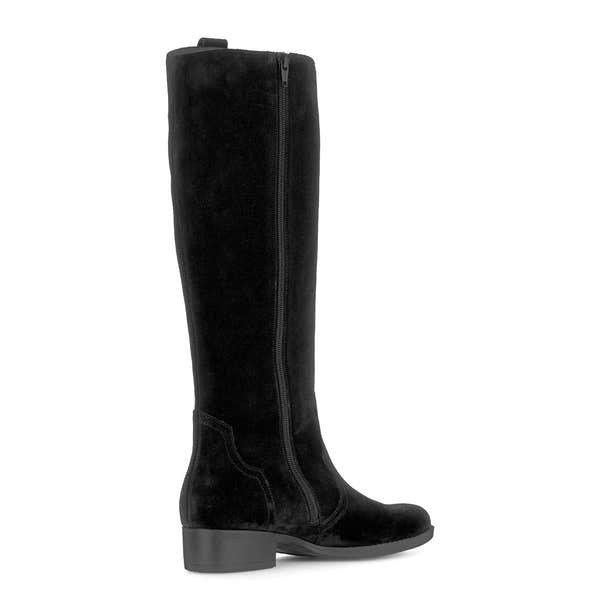 Gabor ladies' black suede knee-high boots with side zipper and low block heel.