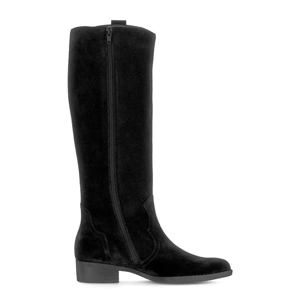 Gabor black suede knee-high boots with side zip, low block heel, stylish and elegant for women.