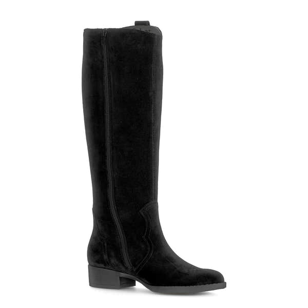Gabor 75.901.17 knee-high black suede boots with side zipper, low block heel, and stylish design.