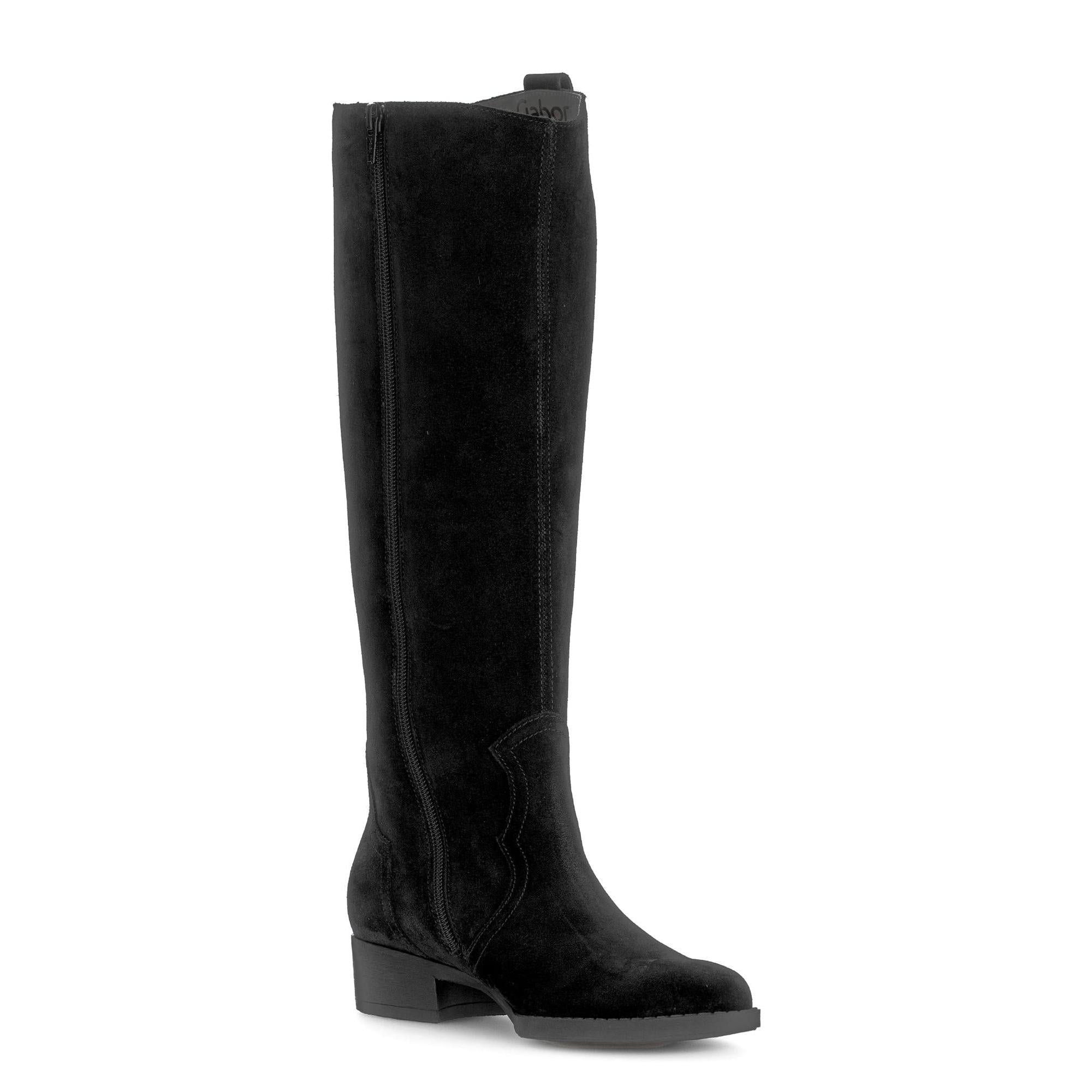 Gabor women's black suede knee-high boots with side zip closure and low block heel.