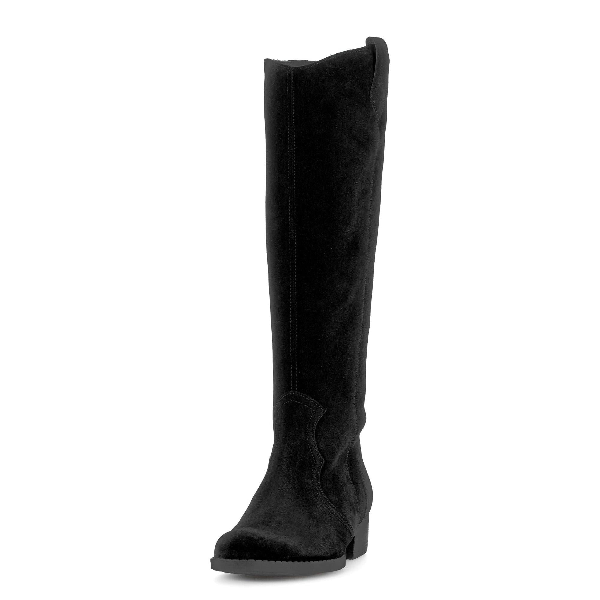 Gabor women's black suede knee-high boots with side zipper, chunky heel, and pointed toe.