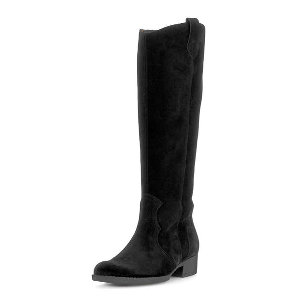 Gabor black suede knee-high boots with side zipper and low block heel, stylish women's fashion footwear.