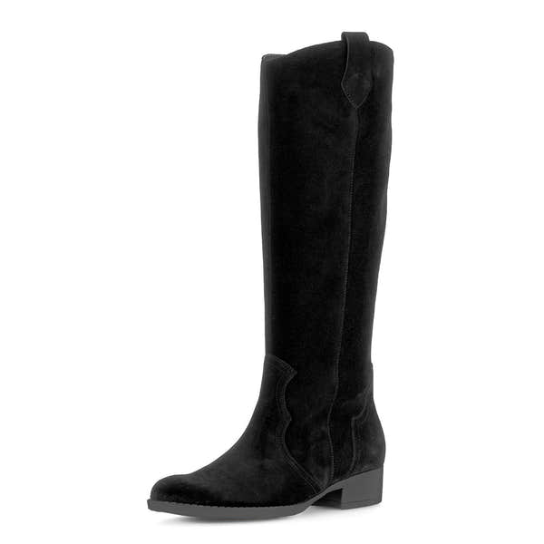 Gabor black suede knee-high boots with side zipper, low block heel, and stylish design.