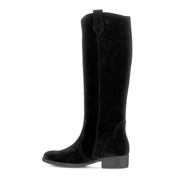 Gabor women's black suede knee-high boots with side zipper, block heel, and sleek design.