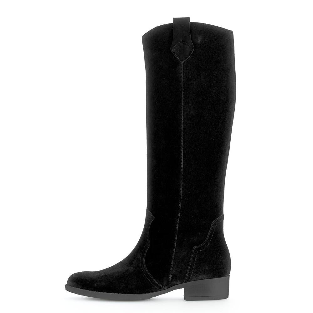 Gabor Black Suede Knee-High Boots with Side Zip, block heel, stylish and comfortable for women.