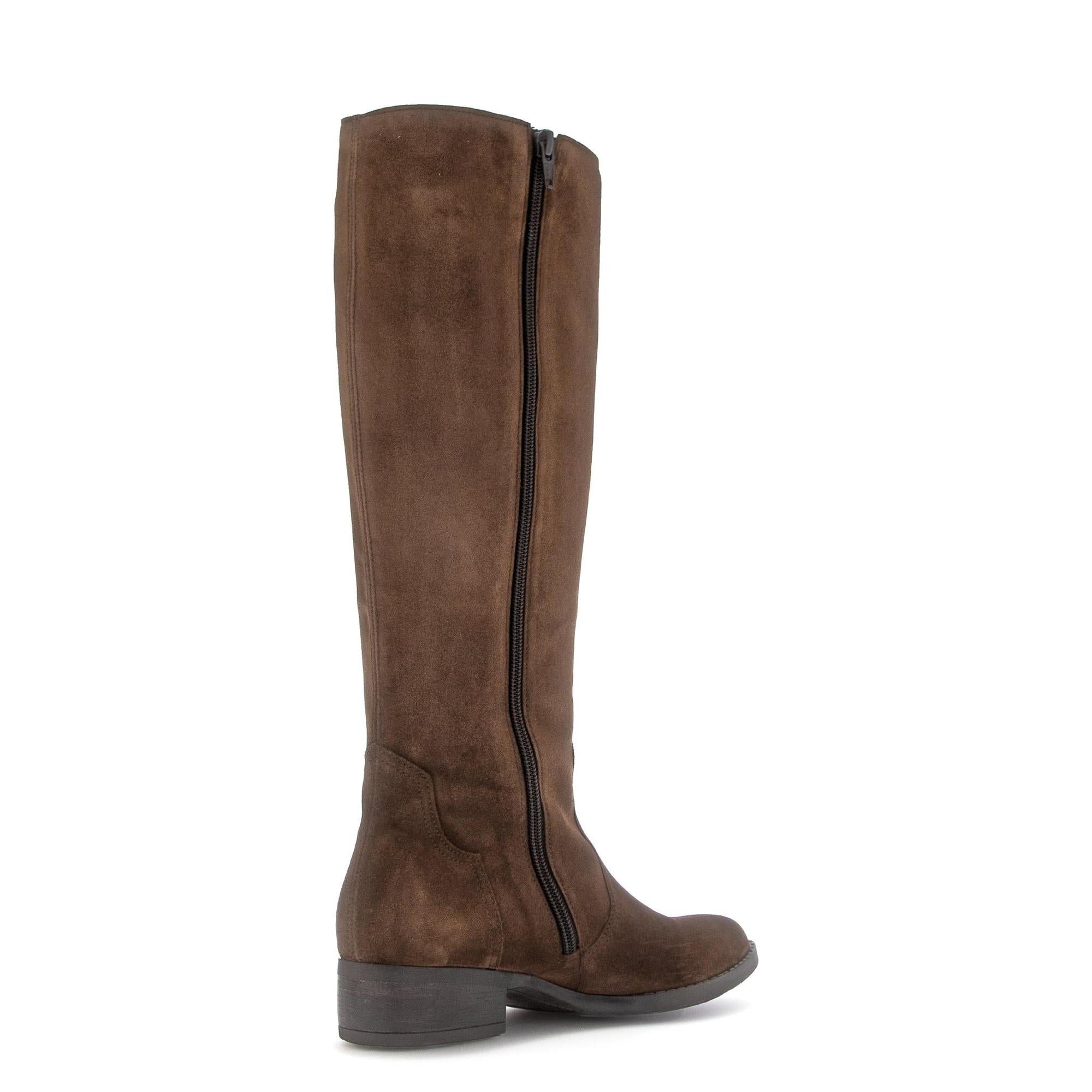 Gabor 75.901.18 knee-high suede boot in chestnut brown with side zipper, low heel, and classic design.