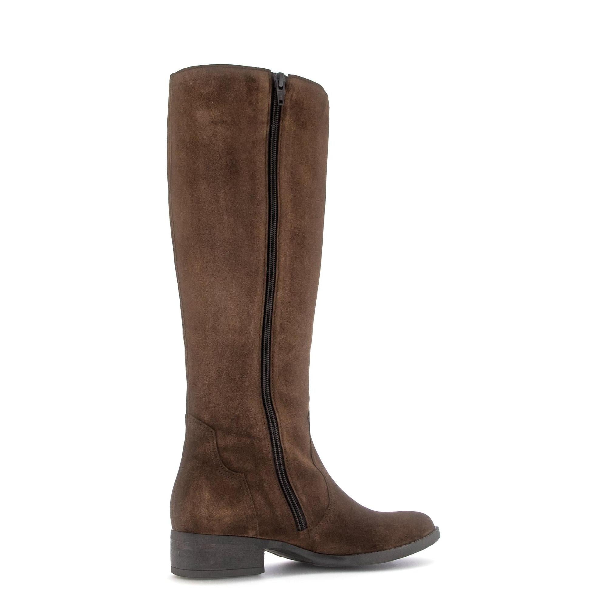 Gabor women's knee-high suede boots in chestnut brown with side zipper and low block heel.