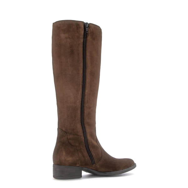 Gabor women's knee-high suede boots in chestnut brown with side zipper and low block heel.