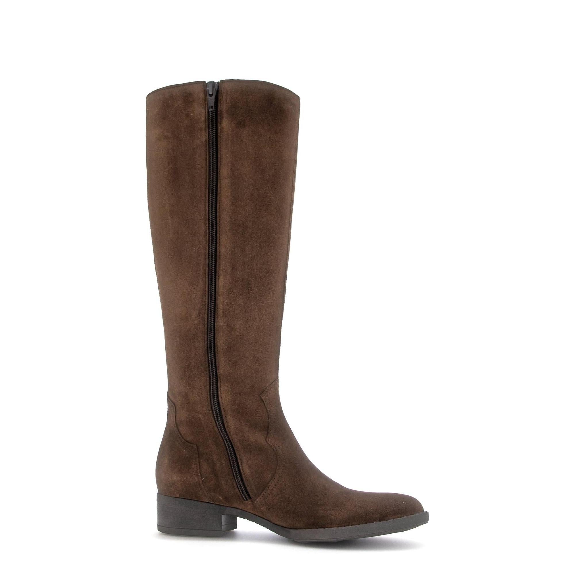 Gabor 75.901.18 knee-high women's suede boot in chestnut brown with side zipper and low heel.