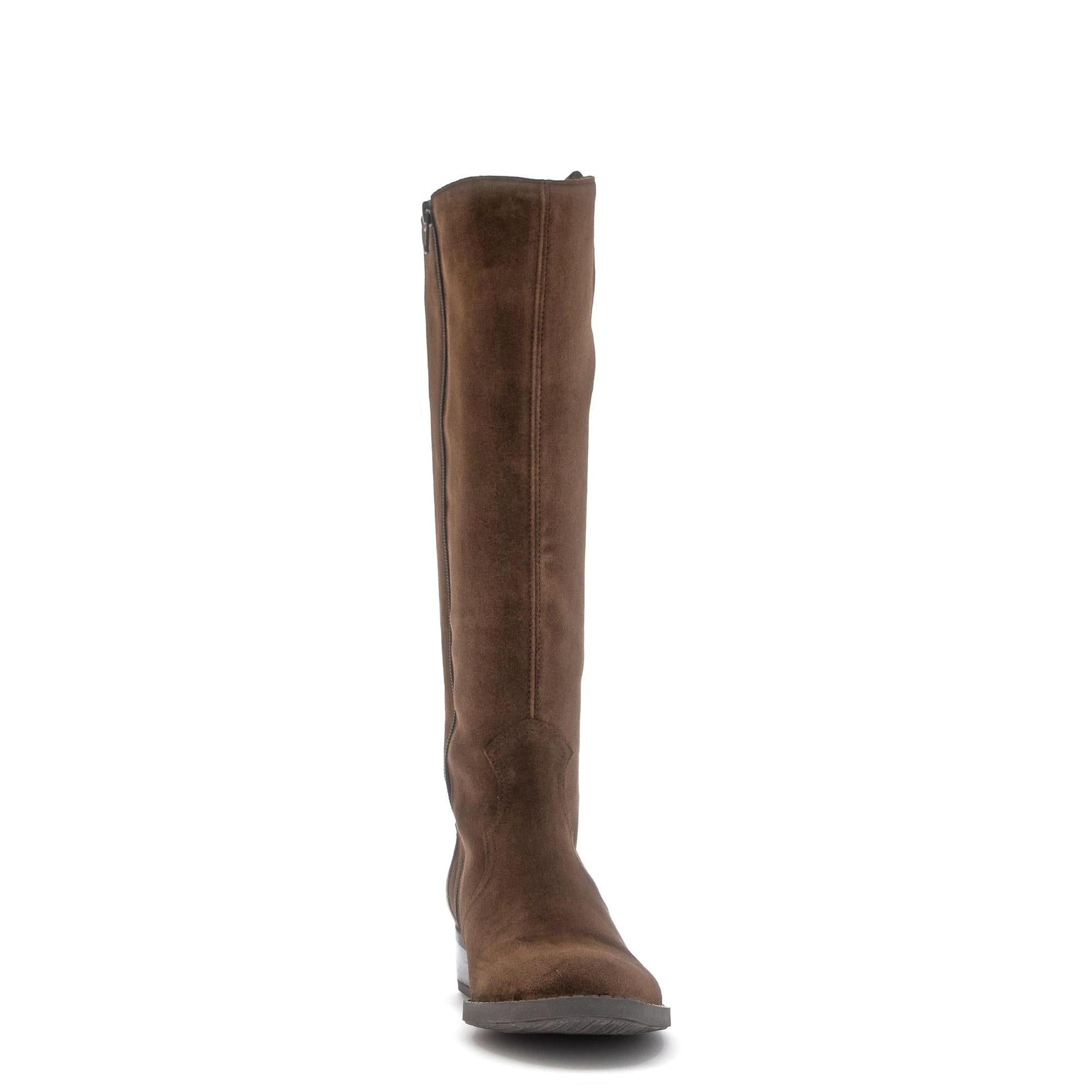 Gabor women's knee-high boots in chestnut brown suede with side zipper and flat sole.