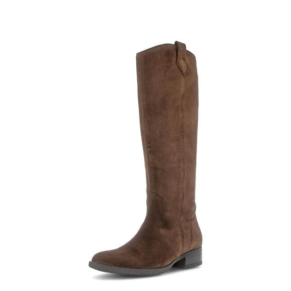 Gabor 75.901.18 knee-high women's suede boots in chestnut brown with side zipper and low block heel.