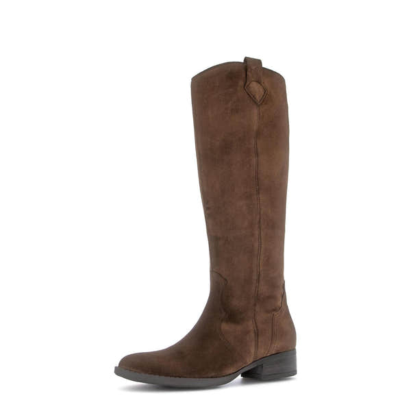 Gabor women's knee-high suede boots in chestnut brown with side zip and low block heel.