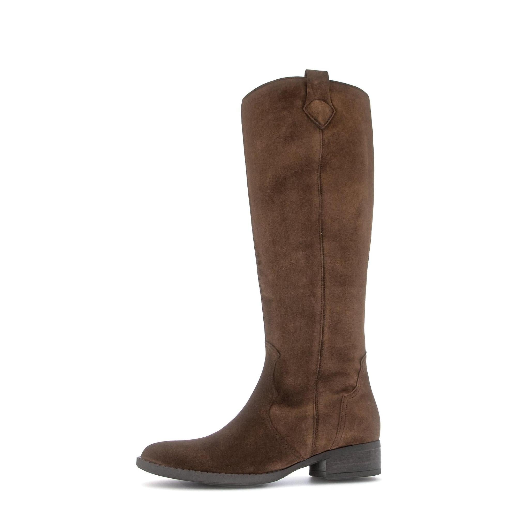 Gabor women's knee-high suede boots in chestnut brown with side zip, low block heel, stylish and comfortable for fall wear.
