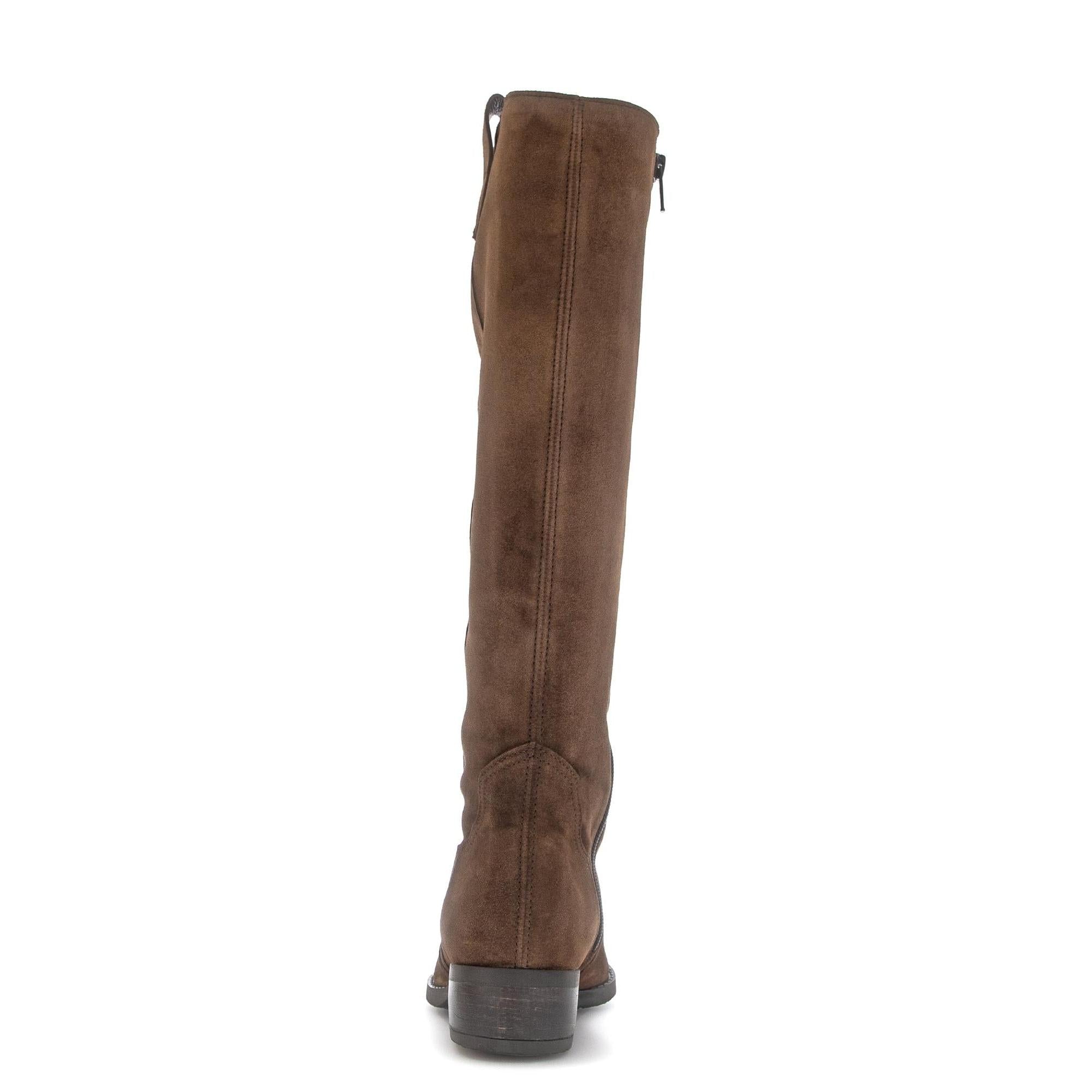 Gabor 75.901.18 knee-high women's suede boots in chestnut brown with side zippers and chunky heels.