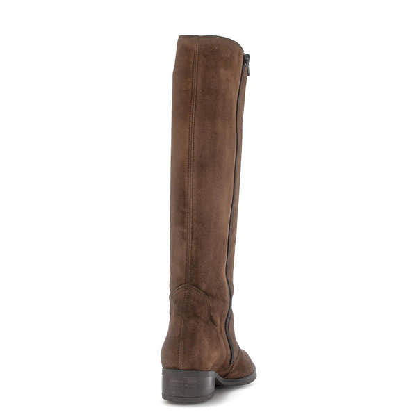 Gabor women's knee-high suede boots in chestnut brown with side zip, block heel, and stylish design.