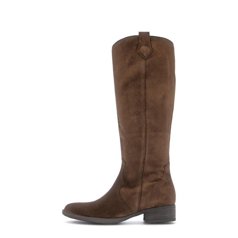 Gabor 75.901.18 knee-high boots in chestnut brown suede with side zipper, block heel, and elegant design.
